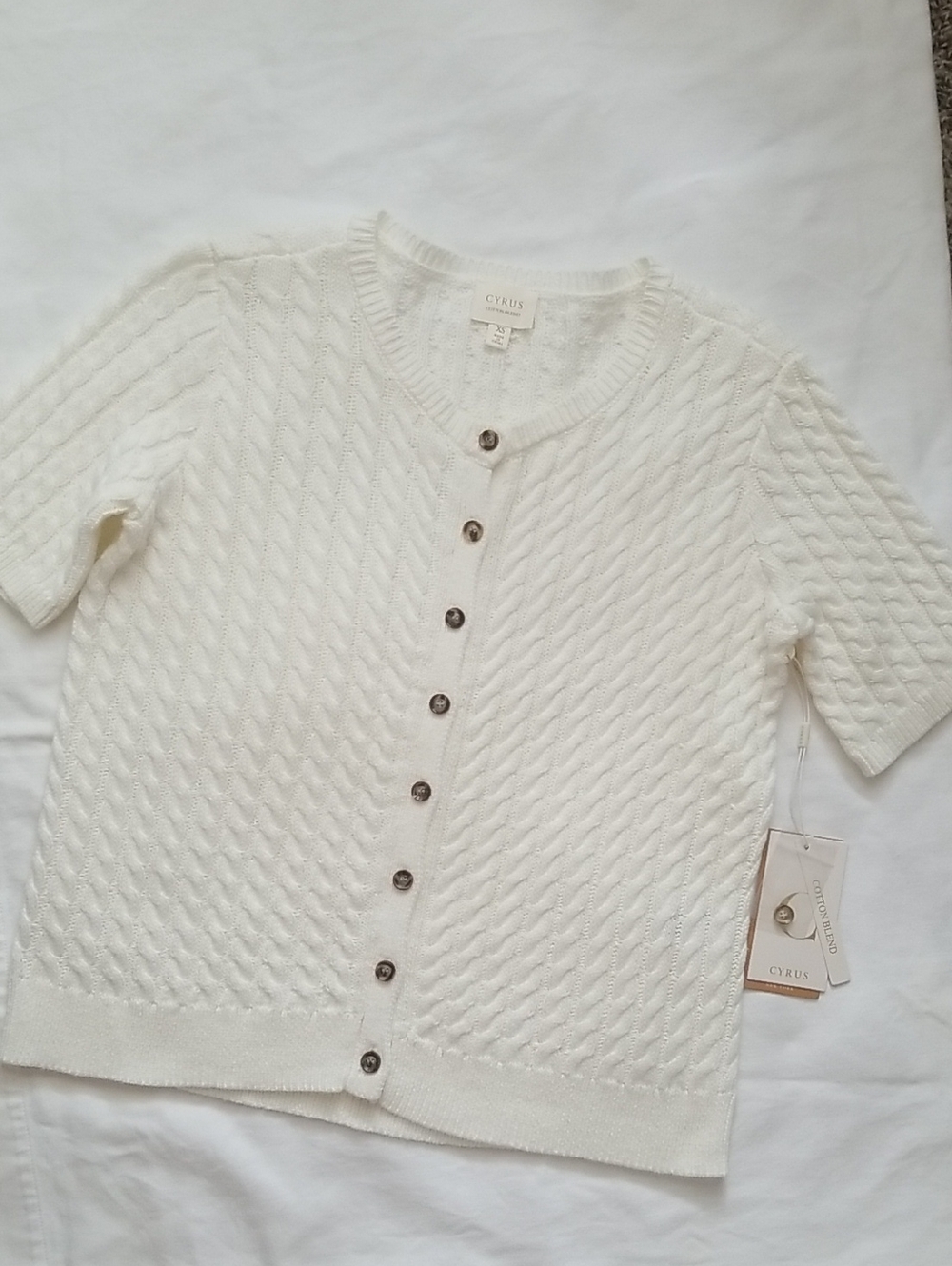 NEW! Cyrus Cotton Blend Cable-Knit Short Sleeve Cardigan